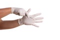 Doctor hand in white latex sterile gloves with forceps isolated Royalty Free Stock Photo