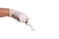 Doctor hand in white latex sterile gloves with forceps isolated on white Royalty Free Stock Photo