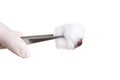 Doctor hand in white latex sterile gloves with forceps isolated on white Royalty Free Stock Photo