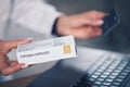 Doctor, hands and box with credit card for payment, medication or tablets at pharmacy or hospital. Closeup of woman Royalty Free Stock Photo