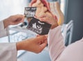 Doctor, hands and woman with ultrasound photo for fetus growth, development or family planning in clinic. Black woman