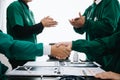 Doctor handshake and partnership in healthcare, medicine or trust for collaboration, unity or support.Team of medical experts Royalty Free Stock Photo