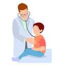 Doctor, health professional, physician in white scrubs examine a child with a stethoscope, listen to his heartbeat Pediatrician