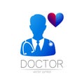 Doctor with heart vector logotype in blue and violet color. Silhouette medical cardiologist man. Logo for clinic