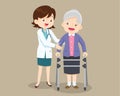 Doctor helps her grandmother to go to the walker