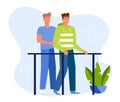 Doctor helps patient to rehab in a clinic after injury. A physiotherapist assist man to start walking again. Flat design