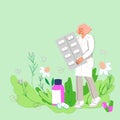 Doctor of herbal alternative medicine among plants and herbs, vector illustration