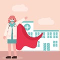 Doctor hero, female physician with mask and cape hospital care Royalty Free Stock Photo