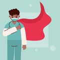 Doctor hero, young physician with mask protective suit and cape Royalty Free Stock Photo