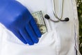 Doctor hides or lays down hundred dollar bill in pocket of white doctoral coat. Concept photo bribes, corruption in medicine, paym