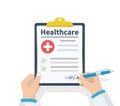 Doctor hold clipboard Healthcare and takes notes on it. Medical report. Checklist. Flat design, vector illustration on