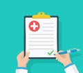 Doctor hold clipboard and takes notes on it. Medical report. Checklist. Flat design, vector illustration on background