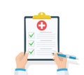 Doctor hold clipboard and takes notes on it. Medical report. Checklist. Flat design, vector illustration on background