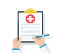 Doctor hold clipboard and takes notes on it. Medical report. Checklist. Flat design, vector illustration on background
