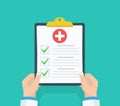 Doctor hold clipboard and takes notes on it. Medical report. Checklist. Flat design, vector illustration on background