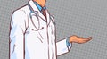 Doctor Hold Open Palm Hand To Copy Space Closeup Medical Male Prectitioner In White Coat Over Comic Retro Background