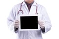 Doctor holding blank digital tablet isolated on white Royalty Free Stock Photo