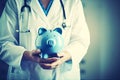 Doctor holding blue piggy bank. Cost of treatment, healthcare