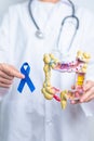 Doctor holding Blue ribbon with human Colon anatomy model. March Colorectal Cancer Awareness month, Colonic disease, Large