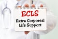 Doctor holding a card with text ECLS - Extra Corporeal Life Support - medical concept