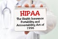 Doctor holding a card with text HIPPA - The Health Insurance Portability and Accountability Act of 1996 - medical concept