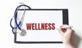 Doctor holding a card with text WELLNESS, medical concept