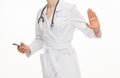 Doctor holding a cellphone and showing disabling gesture Royalty Free Stock Photo