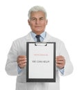 Doctor holding clipboard with words HEMORRHOID WE CAN HELP on background