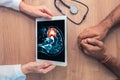 Doctor holding a digital tablet with brain pain with the patient. Cancer or headache prevention Royalty Free Stock Photo