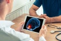 Doctor holding a digital tablet with x-ray of 3D brain of the patient with pain on the front. Cancer headache or trauma concept Royalty Free Stock Photo