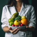 Doctor holding fresh fruit and vegetable, Healthy diet, Nutrition food as a prescription for good health. healthy eating Royalty Free Stock Photo