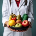 Doctor holding fresh fruit and vegetable, Healthy diet, Nutrition food as a prescription for good health. healthy eating Royalty Free Stock Photo