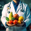 Doctor holding fresh fruit and vegetable, Healthy diet, Nutrition food as a prescription for good health. healthy eating Royalty Free Stock Photo