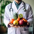 Doctor holding fresh fruit and vegetable, Healthy diet, Nutrition food as a prescription for good health. healthy eating Royalty Free Stock Photo