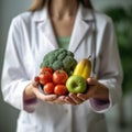 Doctor holding fresh fruit and vegetable, Healthy diet, Nutrition food as a prescription for good health. healthy eating Royalty Free Stock Photo
