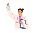 Doctor holding glass flask for lab research. Woman scientist studying chemistry. Medical science discoveries concept