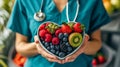 ? doctor- 2, holding a heart shaped bowl of fruit with a stethoscope on it, AI generated Royalty Free Stock Photo