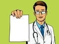 Doctor holding medical prescription pop art vector