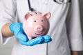 Doctor holding pale pink ceramic piggy bank, closeup. Medical insurance