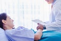 Doctor holding patient hand, telling her that she safe, be cured from cancer. Doctor sit near patient on bed at hospital room, enc Royalty Free Stock Photo