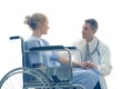 Doctor holding patient hand who setting on wheelchair doctor cheer up patient to make feel reassured and