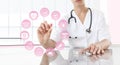 Doctor holding pill medicine with pink icons. Health care concept Royalty Free Stock Photo