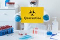 Doctor holding poster with sign Quarantine over yellow bakground. Coronavirus outbreak and pandemic concept.