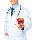 Doctor holding red apple on white close-up Royalty Free Stock Photo