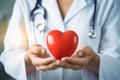 Doctor holding red heart in hands. Generative AI Royalty Free Stock Photo
