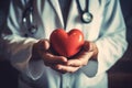 Doctor holding red heart in hands. Generative AI Royalty Free Stock Photo