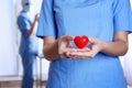 Doctor holding red heart at hospital, closeup. Royalty Free Stock Photo