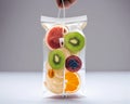 Doctor holding saline bag fruit. Fruits Serum. iv serum bag Royalty Free Stock Photo