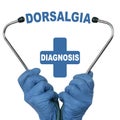 The doctor is holding a stethoscope, in the middle there is a text - DORSALGIA