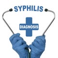 The doctor is holding a stethoscope, in the middle there is a text - SYPHILIS